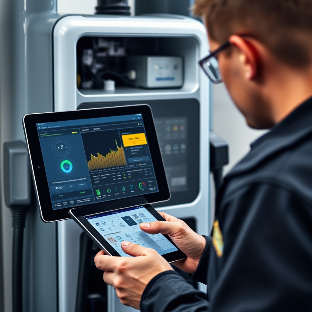 A close-up view of a maintenance technician using a tablet with real-time diagnostic software while servicing an EV charging station. The tablet screen shows data visualization of the charger's performance metrics and predictive maintenance alerts. The charging station's internal components are partially visible, highlighting the sophisticated technology inside.