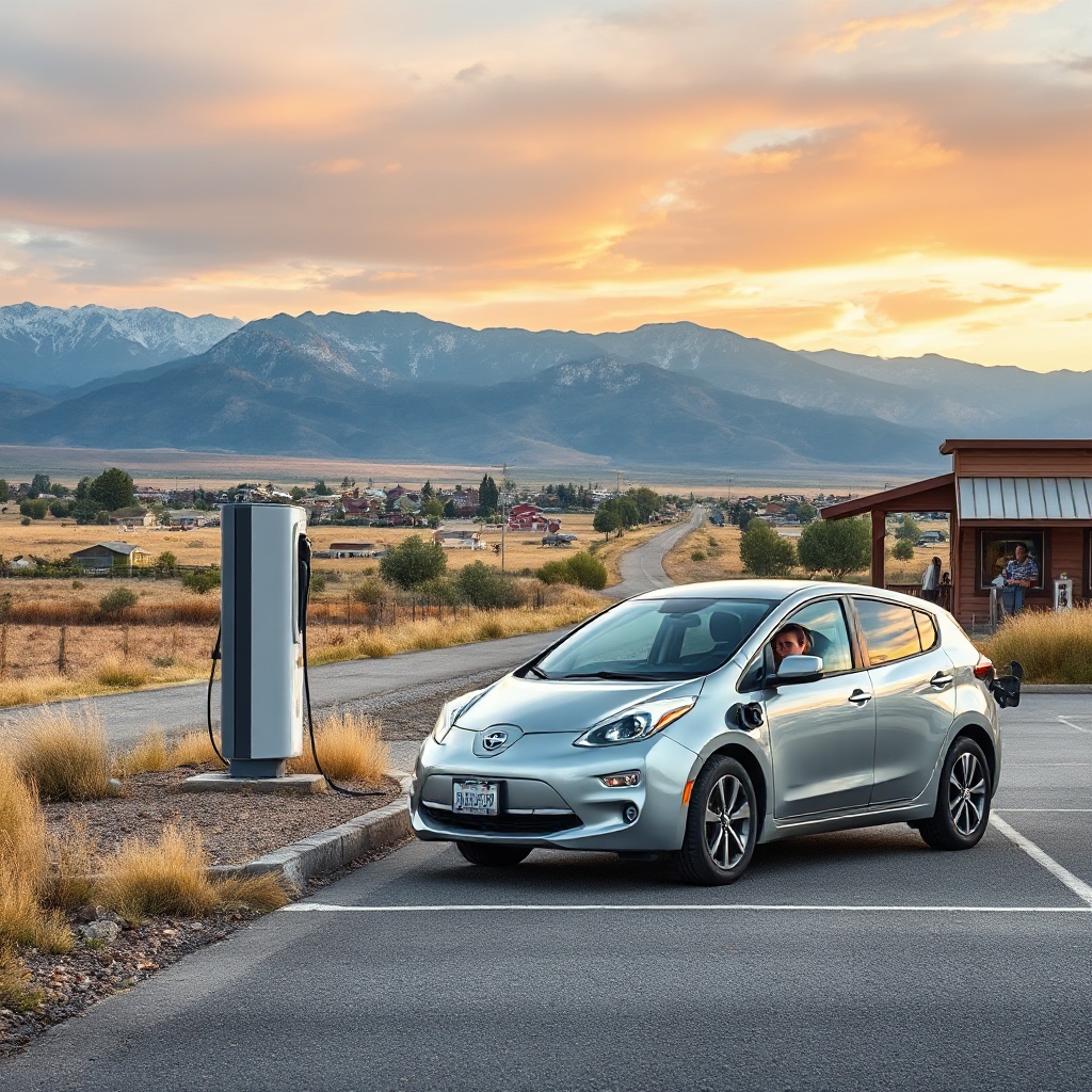 A rural roadside scene showing a newly installed EV charging station in what was previously a 'charger desert.' The location shows a small town in the background with mountains visible on the horizon. An electric vehicle is charging while its owner enjoys coffee at a nearby local business, illustrating the economic development aspects of charging infrastructure.