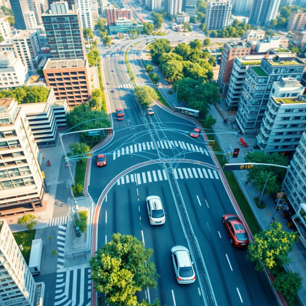 An aerial view of a modern cityscape with smart cars navigating through traffic, showing reduced congestion with visible digital connection lines between vehicles. The image depicts vehicles communicating with traffic signals and infrastructure, with a bright, clean urban environment featuring green spaces interspersed throughout the city.