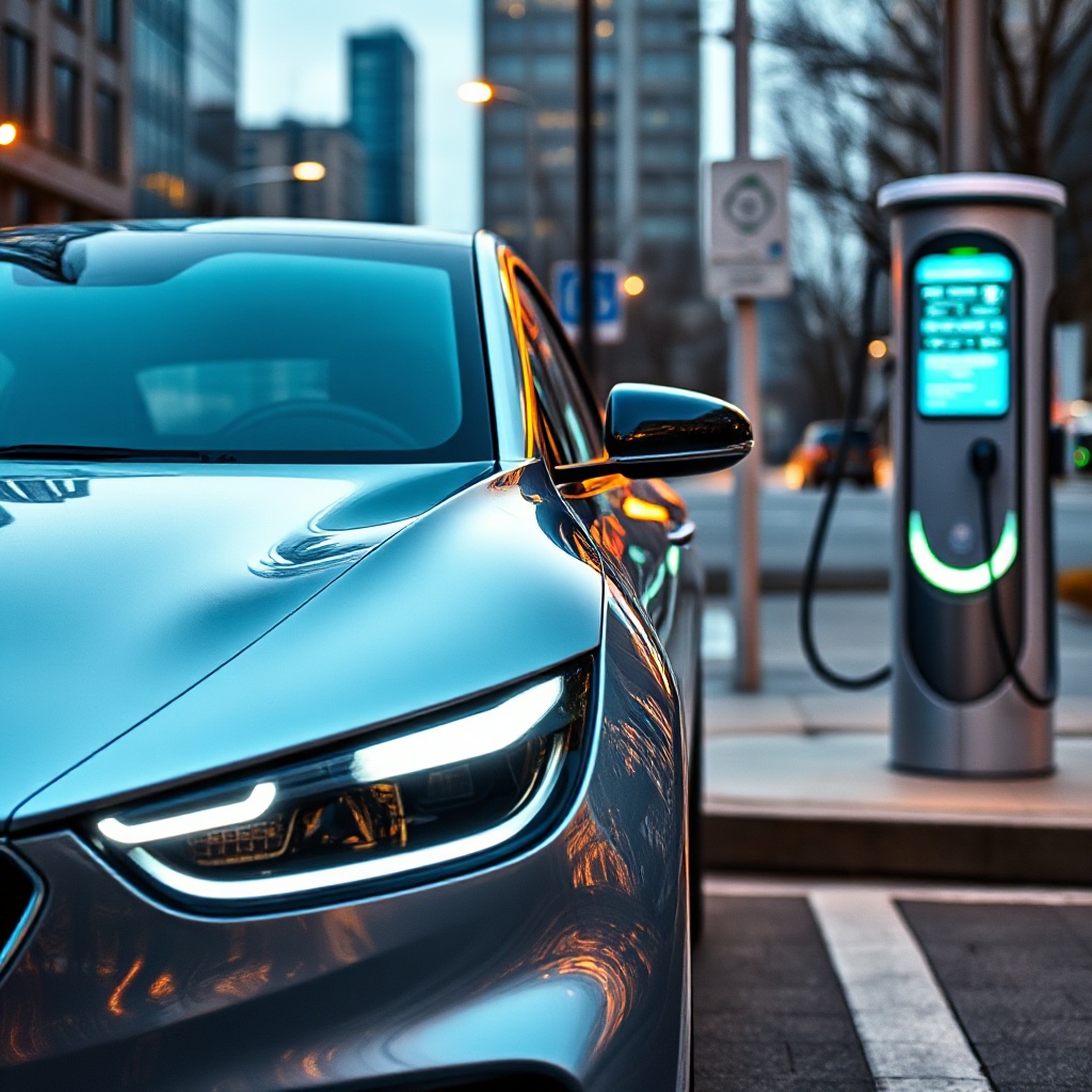 A close-up view of a sleek, futuristic electric smart car at a charging station in an urban setting. The car has illuminated LED headlights and a digital display visible through the windshield showing navigation and safety features. The charging station appears modern with fast-charging capability, situated near a smart city infrastructure element like a digital information kiosk or smart streetlight.