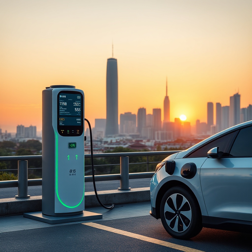 A modern Chinese electric vehicle connected to a smart charging station in an urban setting during sunset. The charging station displays real-time energy flow statistics and pricing information, with arrows indicating bidirectional power flow. City skyline visible in background with a mix of traditional and modern architecture.