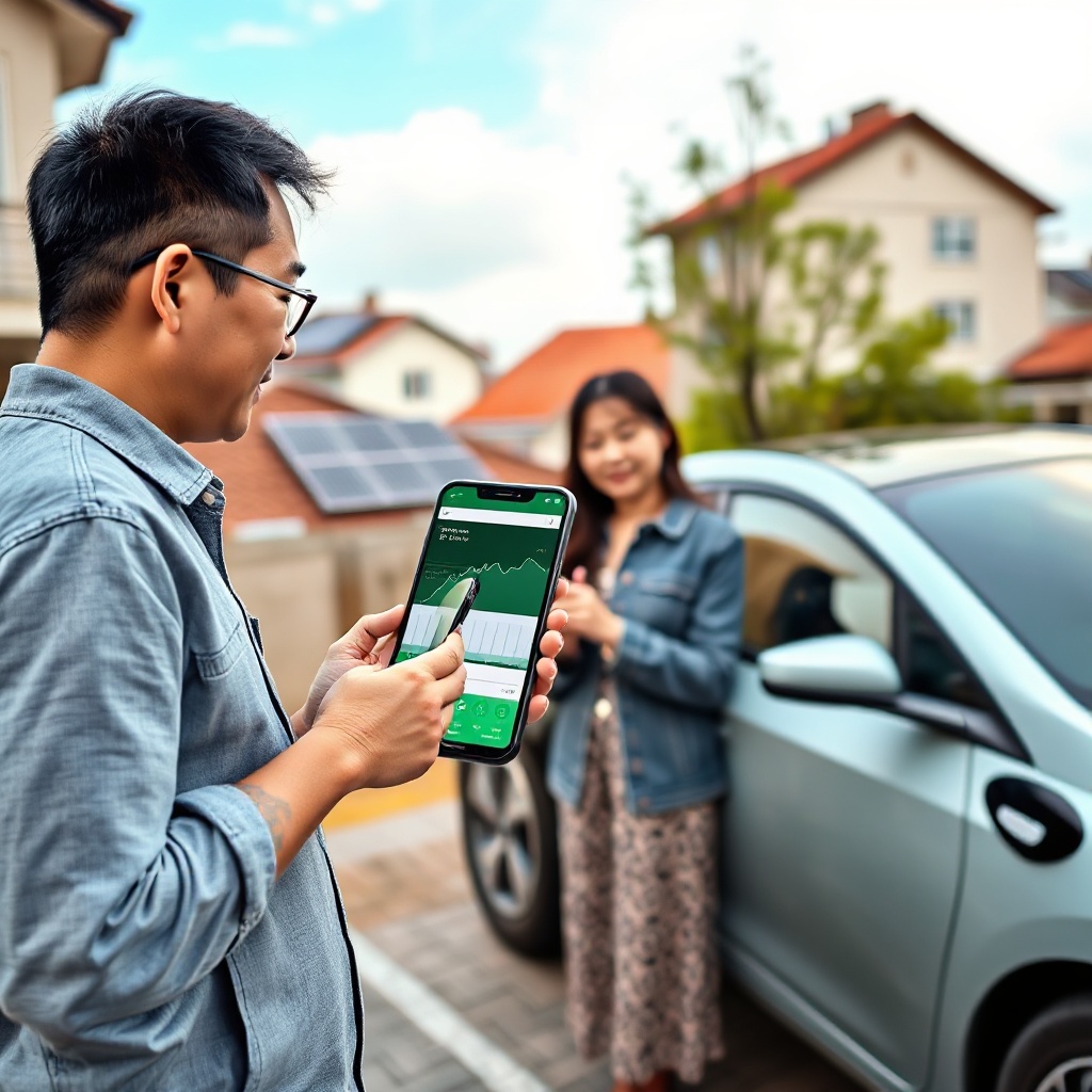 A Chinese family standing proudly next to their electric vehicle in a residential area, looking at a smartphone app showing their energy trading profits. The screen displays a graph of energy prices throughout the day and their earnings from selling electricity back to the grid during peak hours. Solar panels visible on nearby rooftops.