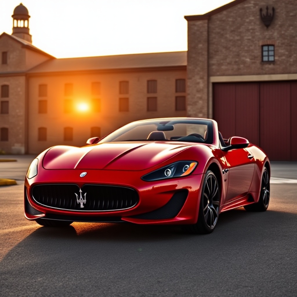 A dramatic side profile of the sleek Maserati GranTurismo in Rosso Potente (deep red) positioned in front of the historic Maserati factory in Modena, Italy, with soft golden sunset lighting highlighting the car's elegant curves and trident emblem.