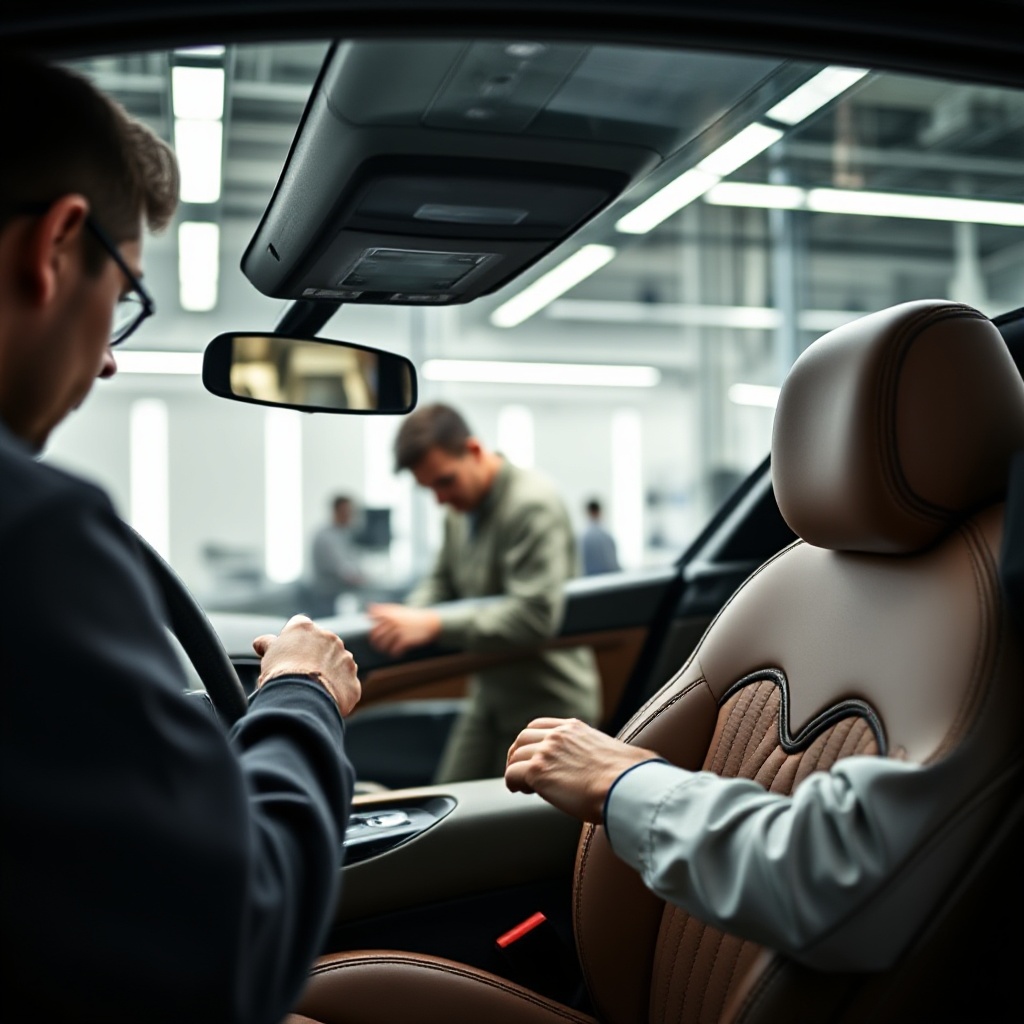 A behind-the-scenes view of Maserati's manufacturing facility in Italy showing skilled craftspeople hand-assembling the interior of a Maserati Grecale, with focus on the meticulous leather stitching and technical precision that defines the brand's Italian craftsmanship.