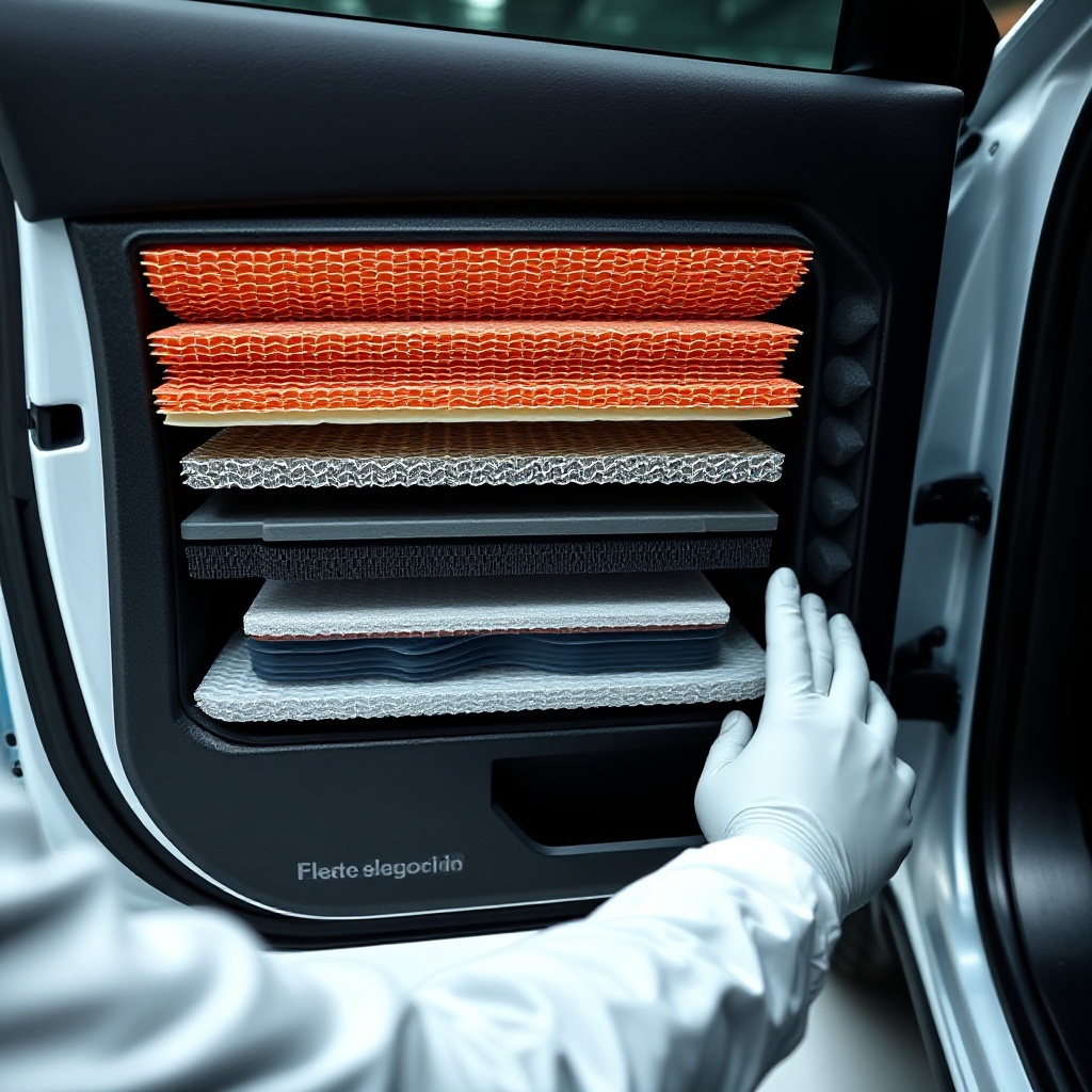  A close-up view of advanced acoustic materials being installed in an electric vehicle's door panel, showing multiple layers of sound-absorbing materials, metamaterials, and composite structures with a technician's hands carefully positioning them. The image should highlight the technical complexity of modern automotive acoustic solutions with visible fiber-reinforced polymers and specialized sound-deadening materials.