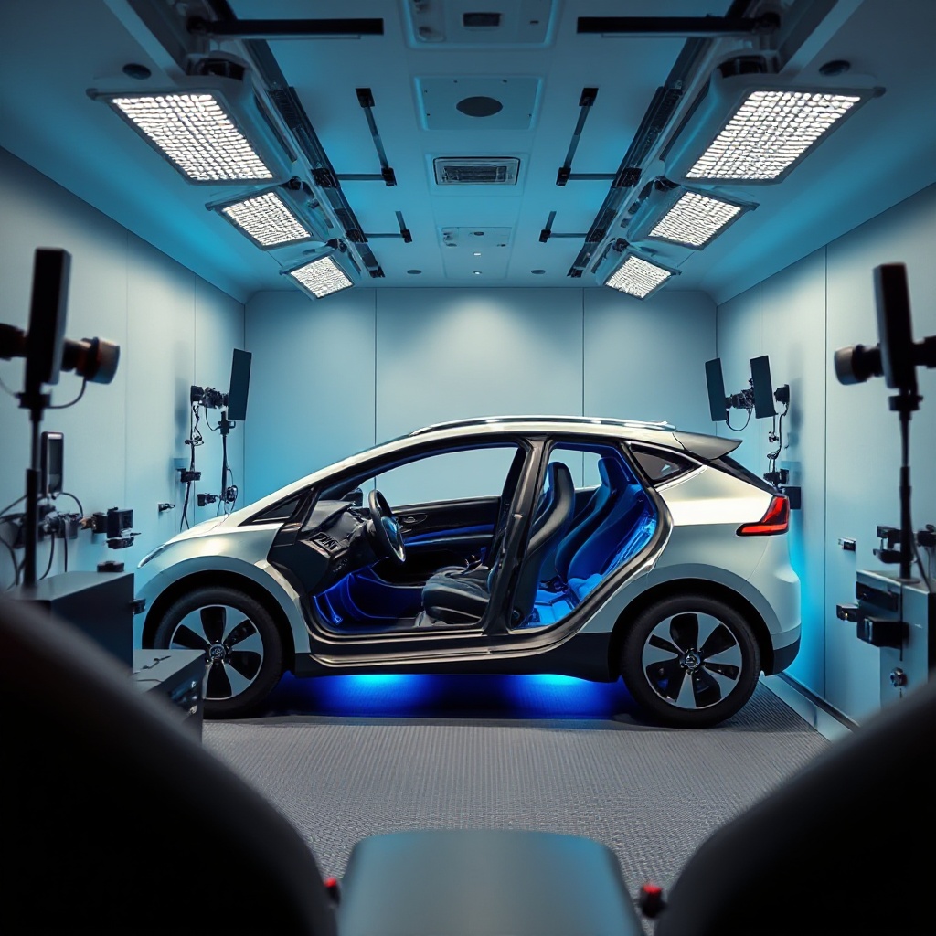  An interior view of a premium electric vehicle sound testing chamber with sophisticated microphone arrays and acoustic measurement equipment surrounding the vehicle. The vehicle should have parts of its interior exposed to reveal the acoustic materials and smart sensors embedded within the cabin structure, with subtle blue lighting highlighting the high-tech nature of modern acoustic engineering.