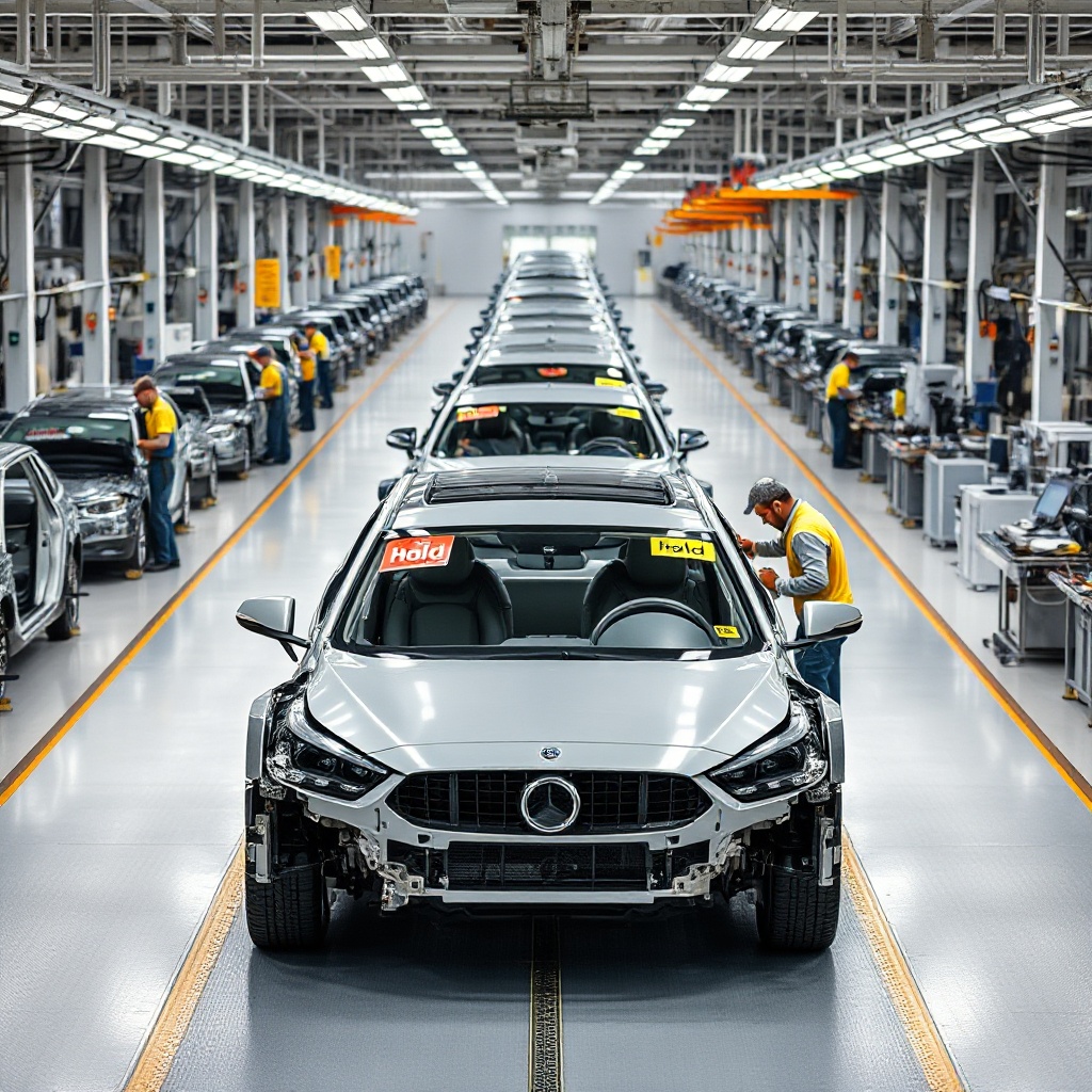 A modern automotive manufacturing facility with several partially assembled vehicles on the assembly line. Some vehicles are visibly missing components and have 'hold' tags attached. Workers can be seen examining electronic components while workstations that would normally be active remain empty or understaffed.
