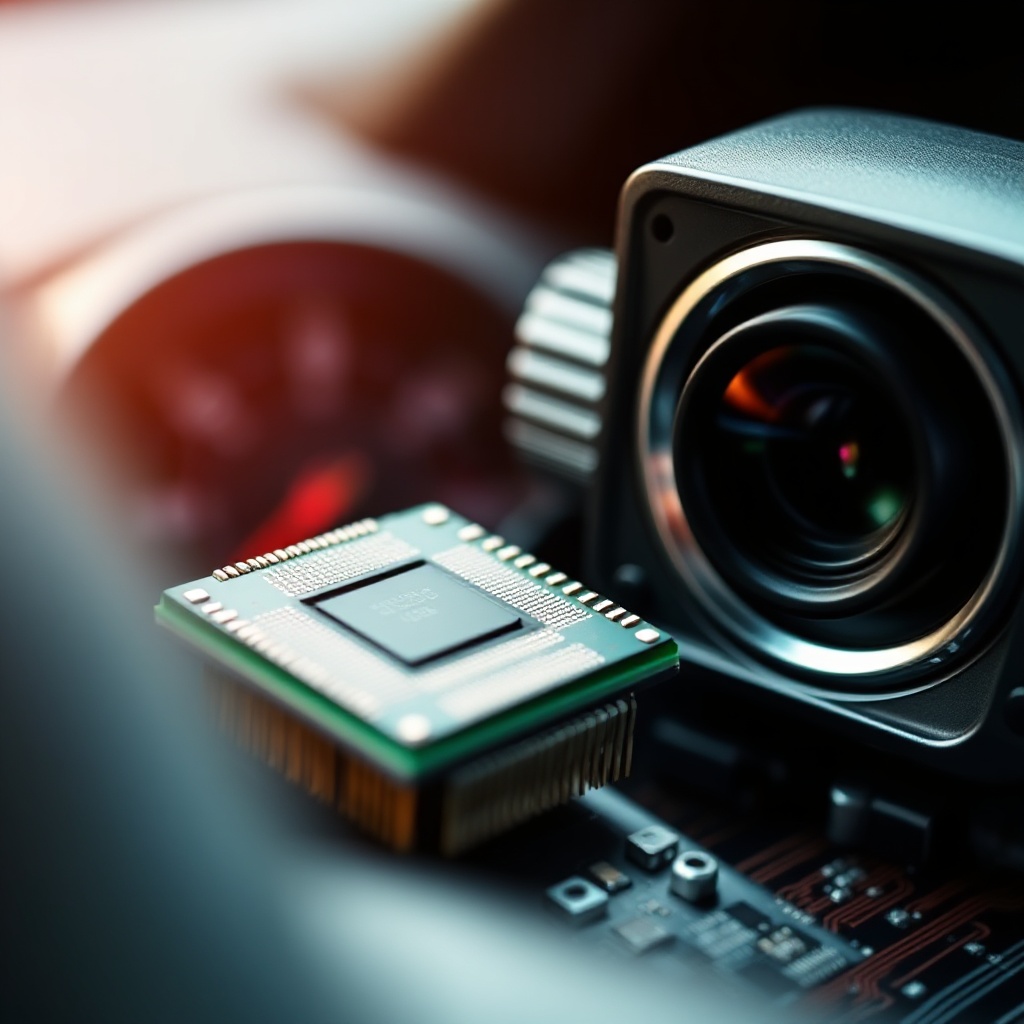 A close-up shot of semiconductor chips and circuit boards used in automotive applications. The image should show mature-node chips (28nm/40nm) next to a vehicle dashboard component like an infotainment system or safety camera, illustrating the essential connection between these specific chips and modern vehicle functionality.