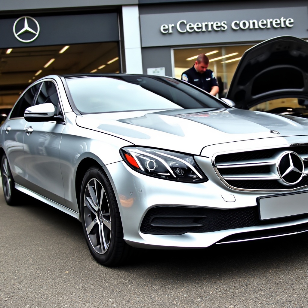 A sleek silver Mercedes-Benz E-Class sedan parked in front of a luxury service center with a service technician in Mercedes uniform examining the engine compartment. The image should convey the premium nature of Mercedes ownership alongside the reality of regular maintenance requirements.