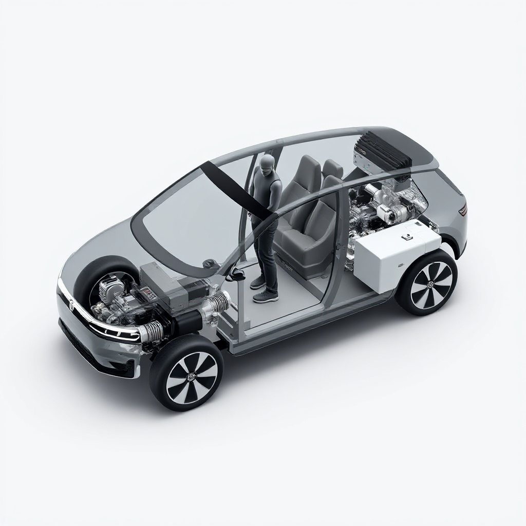 A detailed engineering render of Volkswagen's Scalable Systems Platform (SSP) showing its modular design with both electric components and range extender technology integration. The image shows the platform's skateboard-like architecture with battery placement, electric motors, and the compact range extender generator unit.