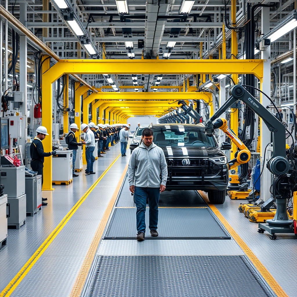 A Volkswagen factory in Wolfsburg with production lines showing the transition from traditional vehicle manufacturing to the new SSP platform vehicles. Workers and robots are assembling next-generation electric vehicles with the new platform visible.