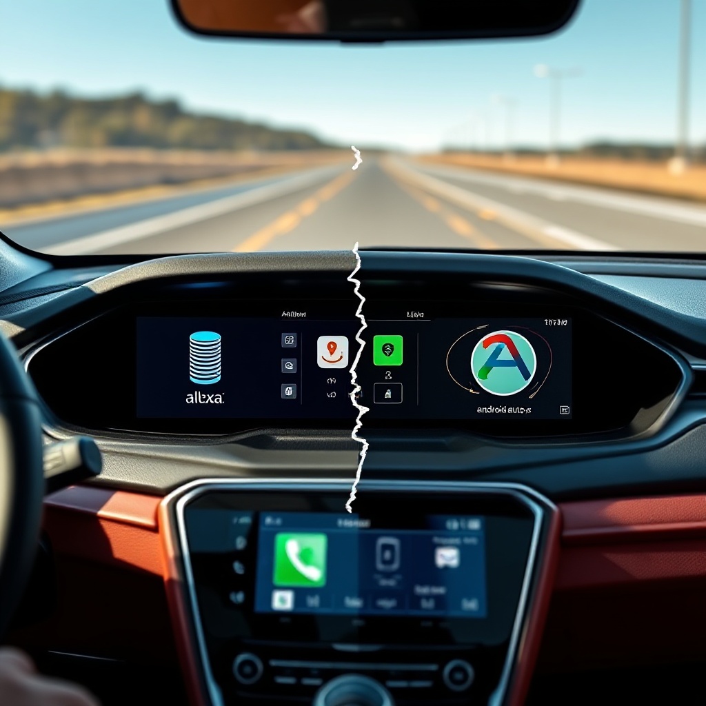 A modern car dashboard with an advanced digital display showing a half-completed integration between two different software systems. The interface should appear fragmented, with some elements displaying Amazon Alexa icons and others showing Android Auto symbols, visualizing the challenges of software integration across different automotive platforms.