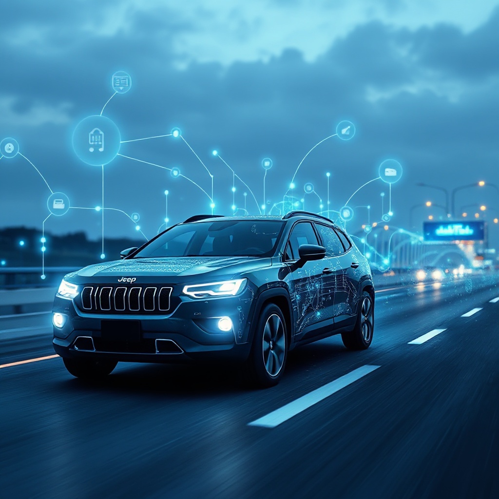 A futuristic connected car on a highway, with visible digital connections emanating from the vehicle to surrounding infrastructure and cloud services. The vehicle should be a recognizable Stellantis brand (like Jeep or Peugeot) with glowing data streams flowing between the car and IoT devices visible in the background, representing the future of automotive connectivity beyond the SmartCockpit partnership.