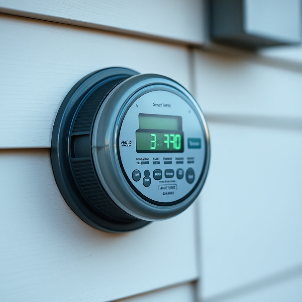 A close-up of a modern AMI 2.0 smart meter installed on the exterior of a home, with subtle digital displays showing real-time energy usage data. The meter should have a sleek, modern design with visible digital components to contrast with traditional analog meters.