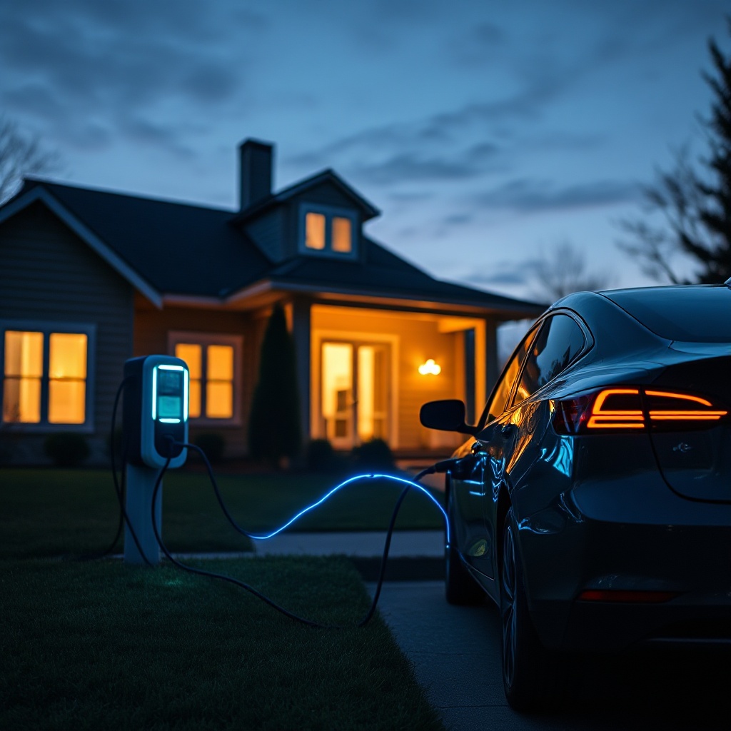 An electric vehicle connected to a home charging station at dusk, with the home's lights visible in the background. The image should show electricity visualization effects (subtle blue light trails) flowing from the house to the car, representing the real-time data being processed by the smart meter.