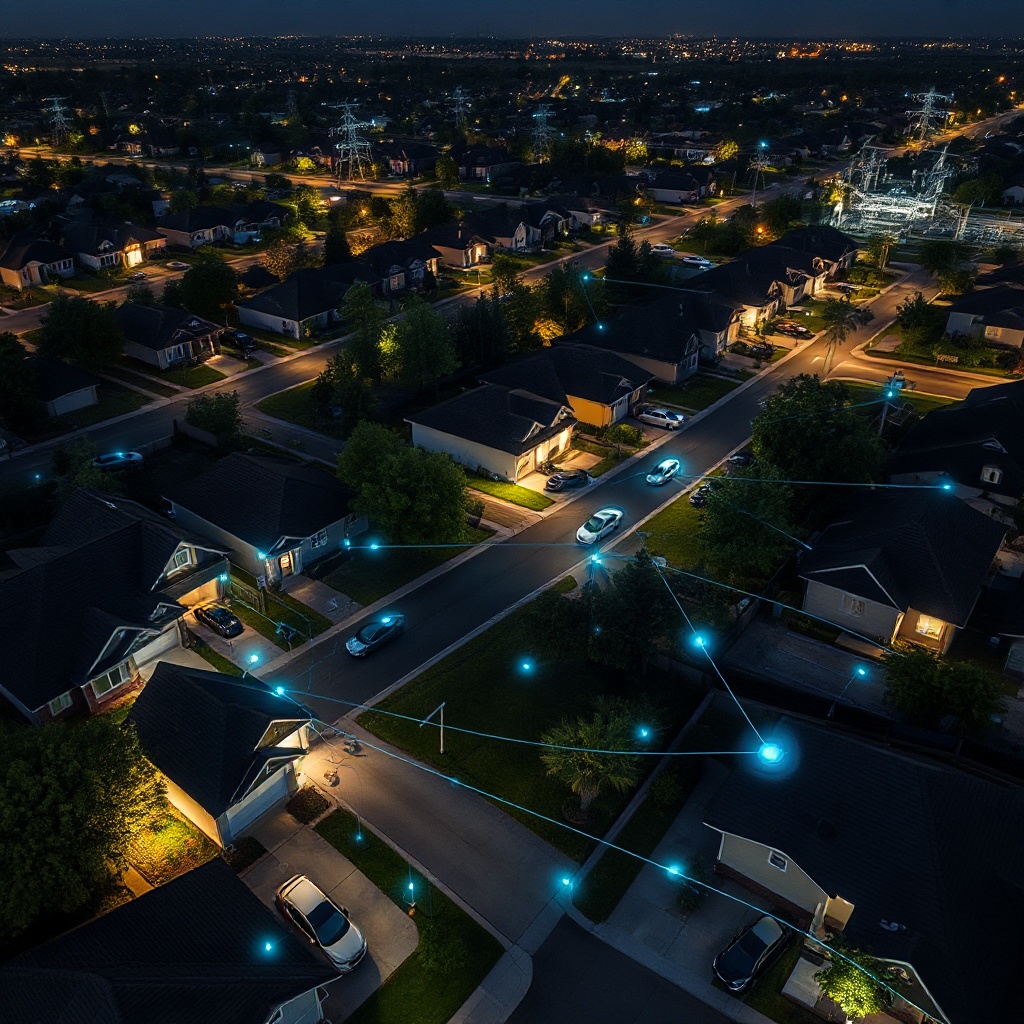 An aerial view of a residential neighborhood at night with multiple homes having EVs charging in driveways. The visualization should include a subtle digital overlay showing a network connecting the homes to a nearby electrical substation, representing the edge computing network managing the distributed electrical load.