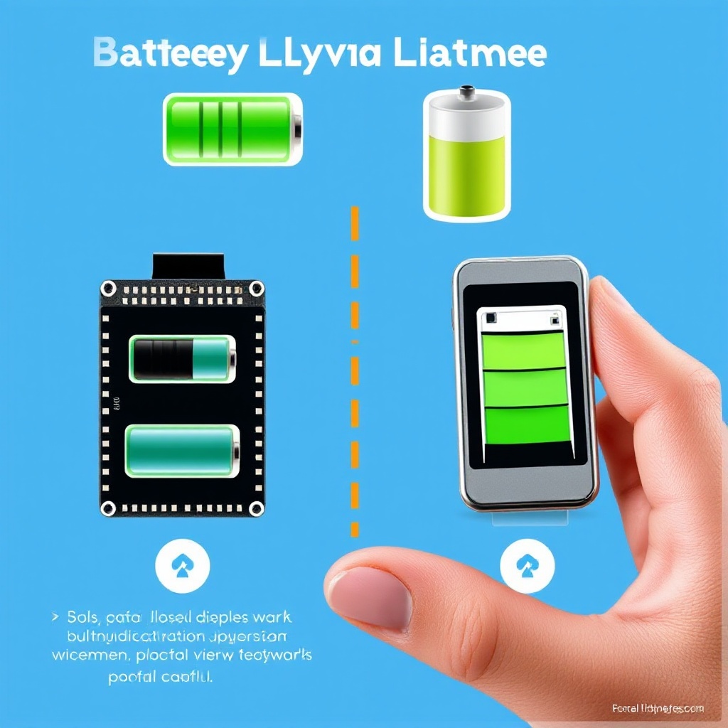 A visual comparison of battery life between devices using traditional MCUs versus new ultra-low-power MCUs. The image should show two identical portable devices (like fitness trackers or medical monitors) side by side, with a battery indicator showing one nearly depleted and the other still full.