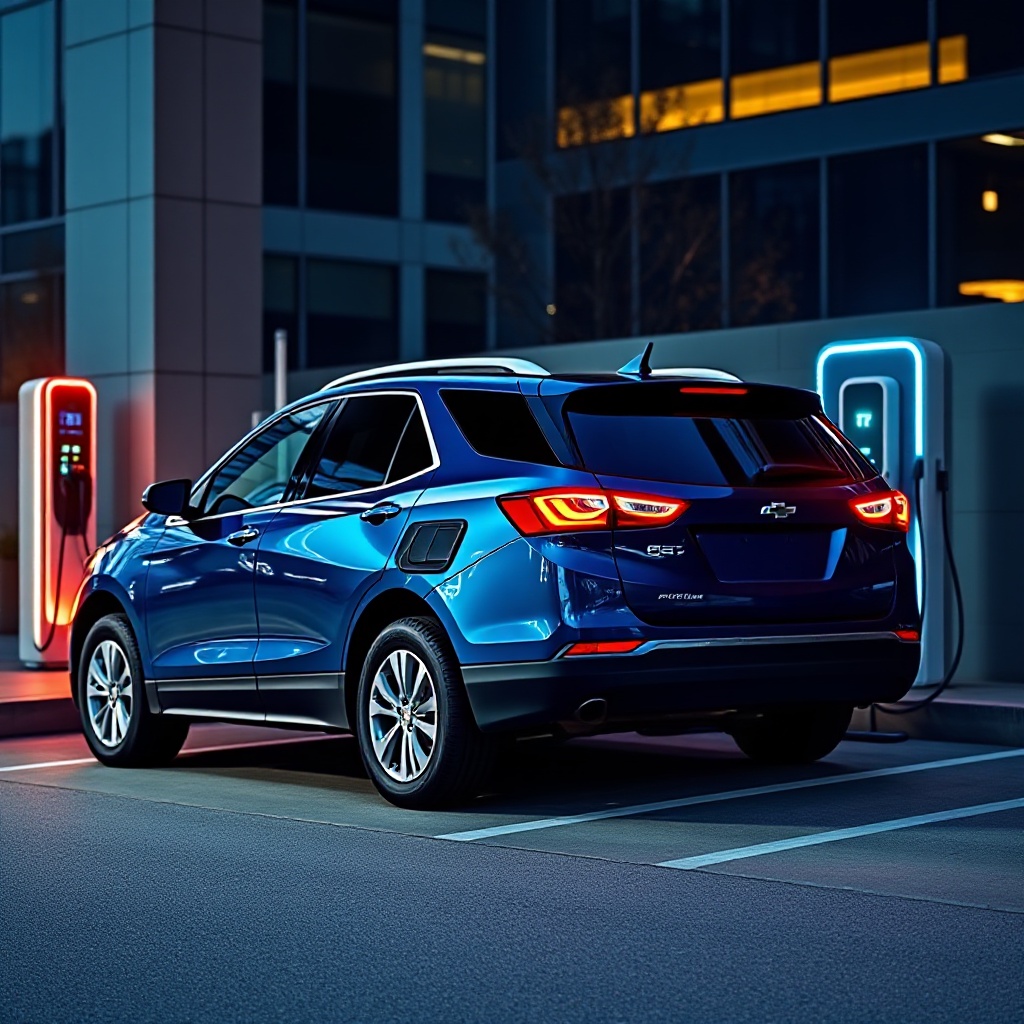 A sleek, blue Chevrolet Equinox EV parked in front of a modern charging station in an urban setting, with the vehicle's distinctive lighting signature illuminated and charging cable connected, showcasing GM's bestselling electric vehicle.