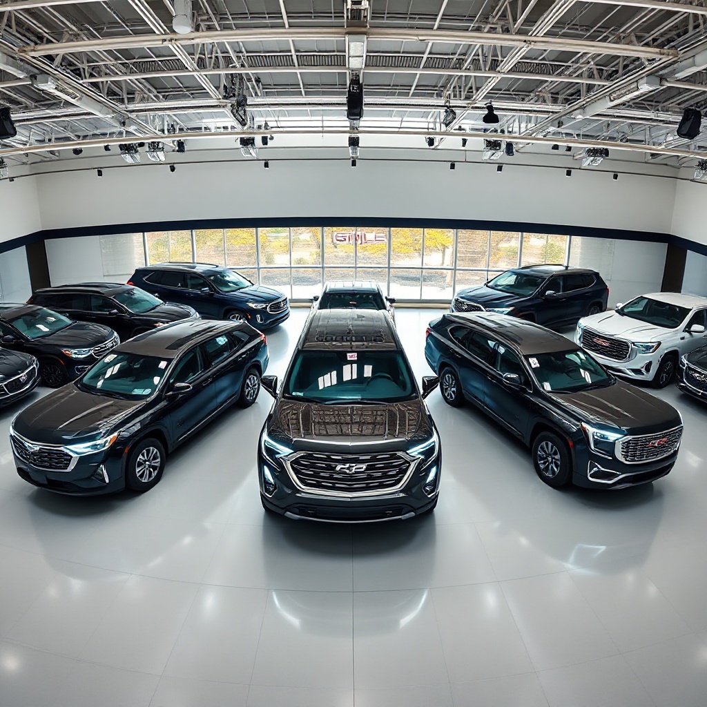 A wide-angle showroom shot displaying GM's diverse electric vehicle lineup, featuring models from Chevrolet, Cadillac, and GMC arranged in a semi-circle, highlighting the variety of sizes and styles from compact SUVs to full-size trucks with their distinctive front lighting signatures illuminated.