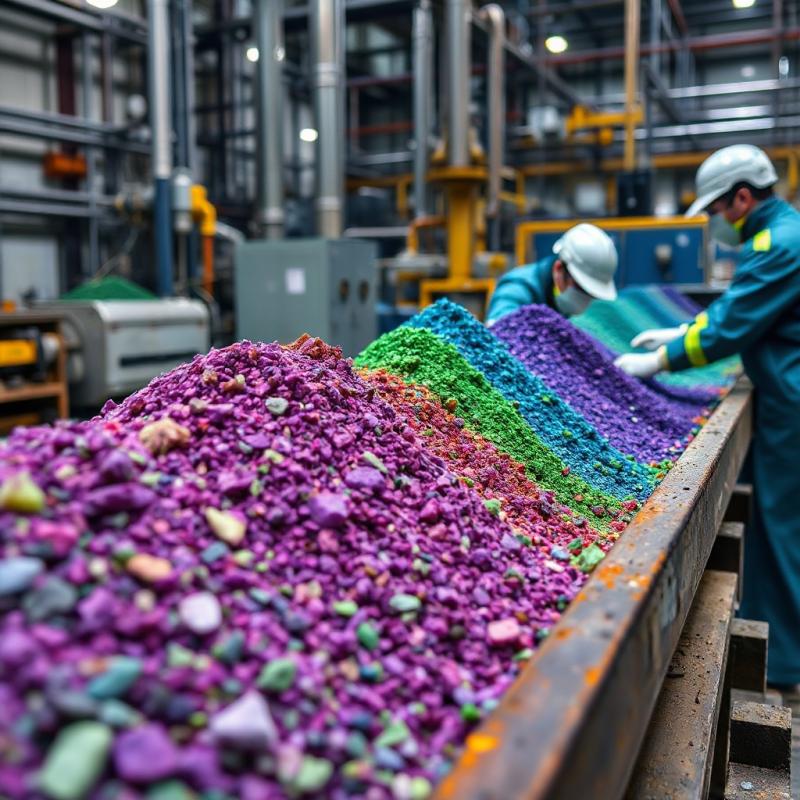  A close-up photograph of rare earth minerals in various vibrant colors (purples, greens, and blues) being processed in a high-tech facility, with workers in protective gear handling the materials against a backdrop of industrial equipment, represent