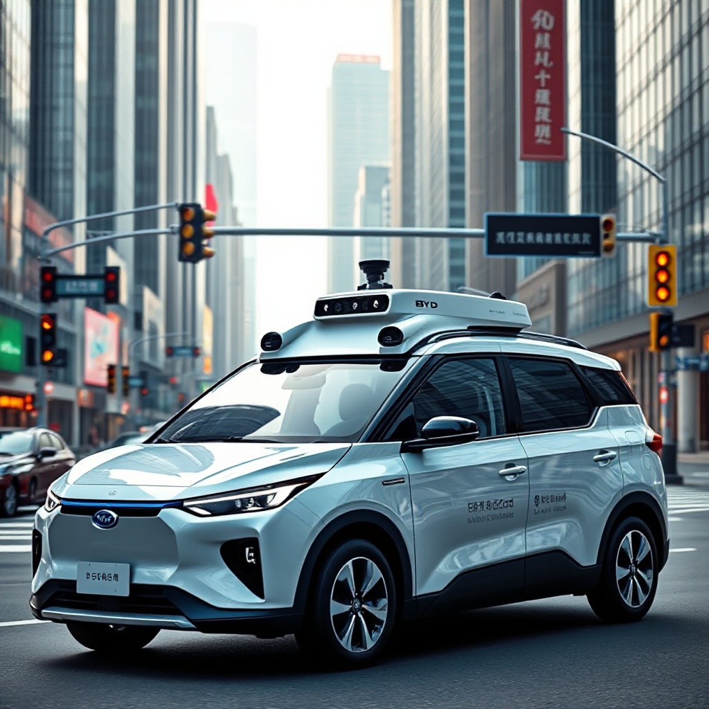 A sleek BYD electric vehicle with visible LiDAR sensors and cameras mounted on its roof, driving autonomously through a modern Chinese city with advanced traffic infrastructure, surrounded by gleaming skyscrapers and smart traffic signals, showing the integration of vehicle technology with urban environments.