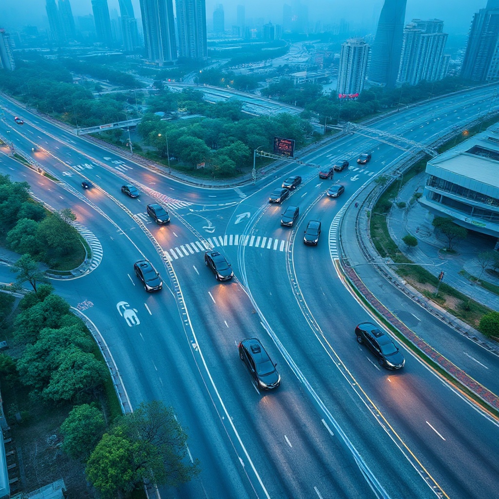 An aerial view of Shanghai's autonomous vehicle testing zone, showing multiple self-driving vehicles navigating real traffic conditions, with visible smart road infrastructure including sensors embedded in the pavement, 5G towers, and digital traffic management systems creating a comprehensive ecosystem for AV development.