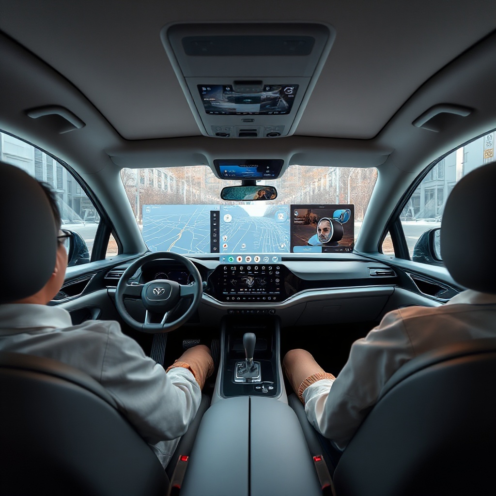 The interior of a Chinese autonomous vehicle showing an advanced AI-powered smart cabin with a large central touchscreen displaying navigation and vehicle status, voice control interfaces, facial recognition cameras, and passengers relaxing while the vehicle drives itself, highlighting the user experience of next-generation mobility.