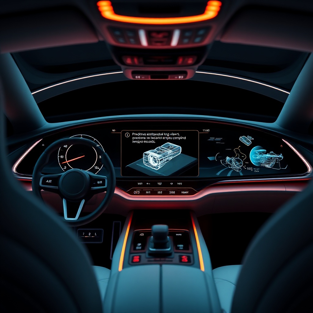 A futuristic car dashboard showing a predictive maintenance alert with a 3D visualization of the vehicle, highlighting a specific component that requires attention before failure. The interior features minimalist design with advanced displays and ambient lighting, demonstrating the software-defined vehicle concept.