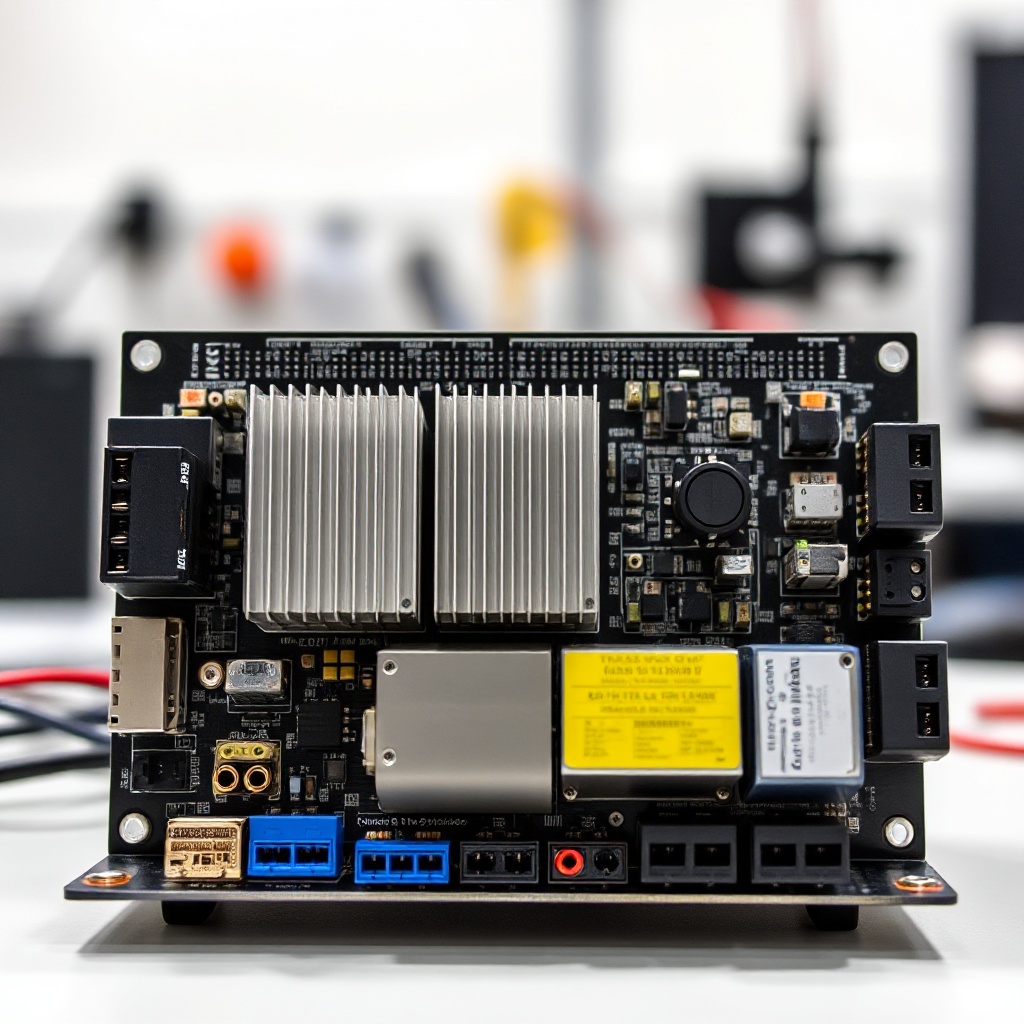 A close-up photograph of a modern GaN-based motor drive evaluation board, showing the compact GaN power modules, connection points for various motors, and the modular design architecture that enables microcontroller flexibility. The board should be positioned on a clean workbench with a blurred background suggesting an engineering development environment.