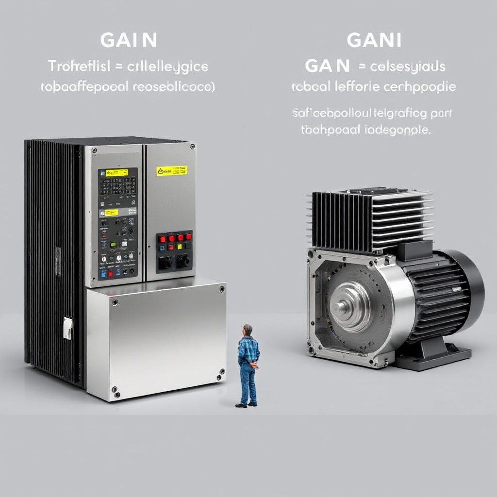 A side-by-side comparison showing a traditional silicon-based motor drive system next to a GaN-based system of equivalent power rating. The GaN system should be visibly smaller (approximately 60% smaller) and should have fewer or no visible heatsinks, highlighting the size and thermal management advantages. Both systems should be connected to identical motors for clear comparison.
