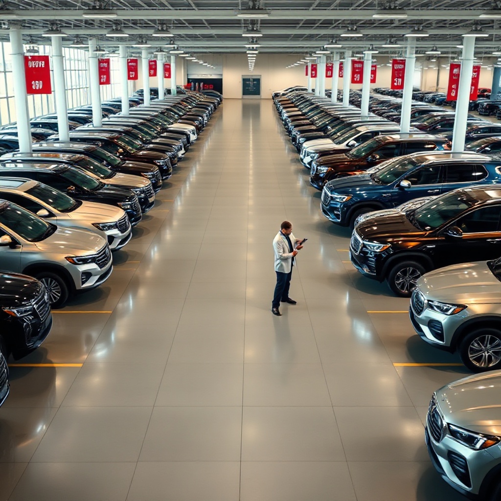 A large, modern car dealership lot with rows of shiny new vehicles, predominantly featuring luxury SUVs and trucks with prominent price tags visible. The foreground shows empty spaces where economy cars would typically be displayed, with a salesperson showing a customer a high-end vehicle.