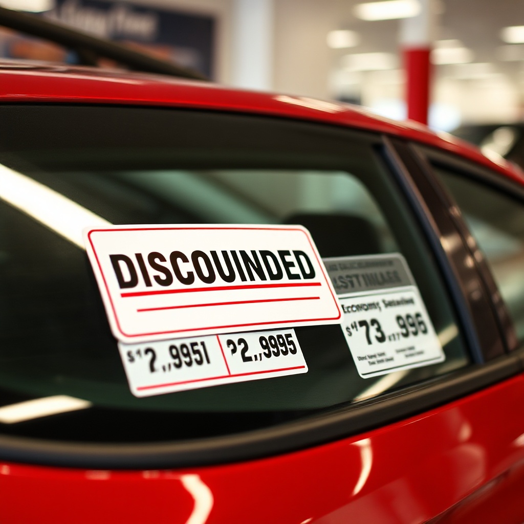 A close-up of a 'discontinued' sign on the window of a basic economy sedan, with price comparison stickers showing the dramatic price difference between this model and the SUVs and crossovers that dominate the rest of the showroom floor. The image captures the stark reality of diminishing affordable options.