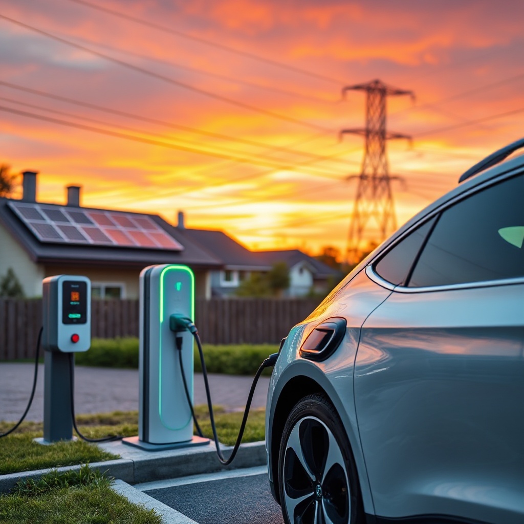 An electric vehicle connected to a modern bidirectional charging station outside a residential home with visible solar panels on the roof. In the background, power lines connect to a neighborhood grid, visually demonstrating the two-way energy flow concept of V2G technology. The scene should be captured during sunset to symbolize the transition to renewable energy systems.