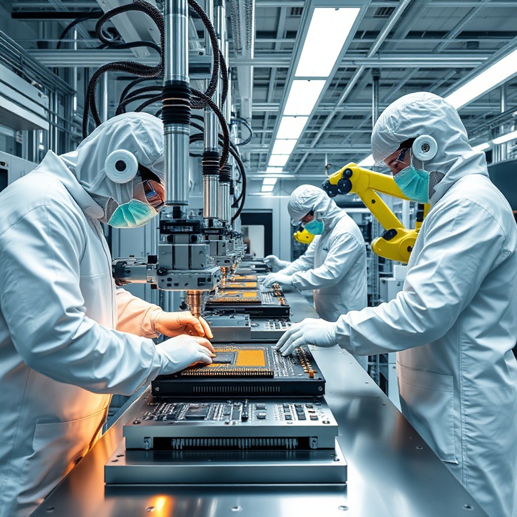 A manufacturing cleanroom scene showing advanced semiconductor packaging equipment in operation. Engineers in full cleanroom suits are working with high-precision machinery that places and bonds chiplets onto a substrate. The image should convey the high-tech, precision nature of chiplet integration with robotic arms and optical inspection systems visible.