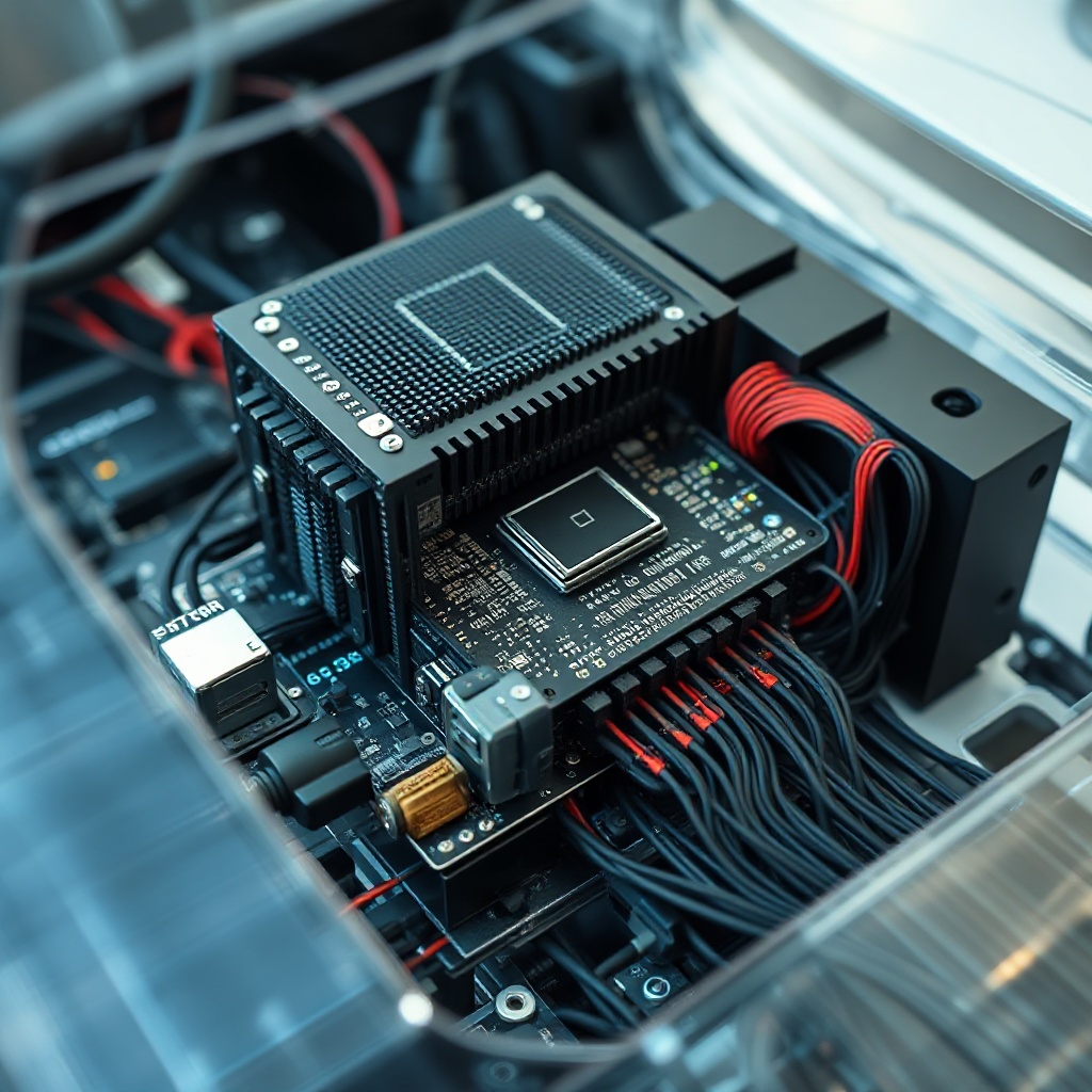 A close-up photograph of a modern vehicle's central computing unit with visible processing chips, cooling systems, and connection ports. The high-performance computer should be mounted in a partially transparent vehicle chassis to show its central position, with visible network connections extending to various vehicle systems like braking, steering, infotainment, and sensors.