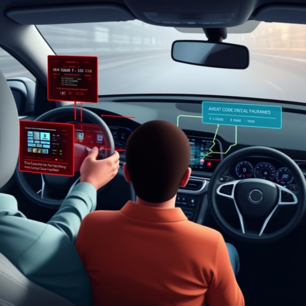 A visualization of a cyberattack pathway in a software-defined vehicle showing a compromised infotainment system attempting to breach the isolation barrier to access safety-critical systems. The image should display a modern car dashboard with a clear visual separation between entertainment functions and driving controls, with a malicious code representation trying to cross between domains.