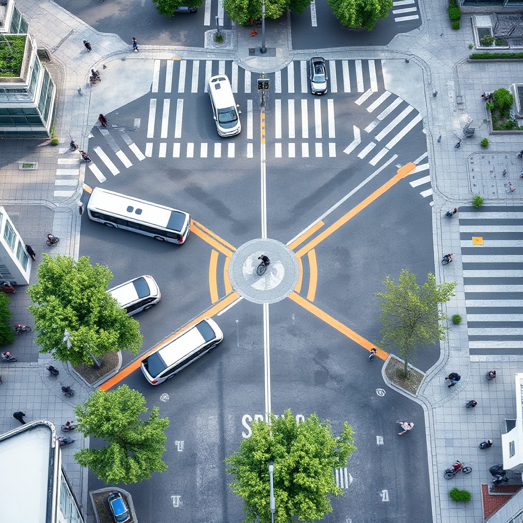 An aerial view of a futuristic urban intersection showing autonomous vehicles of various types (buses, cars, delivery robots) seamlessly navigating together with pedestrians and cyclists. The scene should include dedicated AV pickup/dropoff zones replacing traditional parking, smart traffic signals, and repurposed urban space with greenery where parking once dominated. The image should convey the sense of an efficiently flowing transportation ecosystem in a vibrant city setting.
