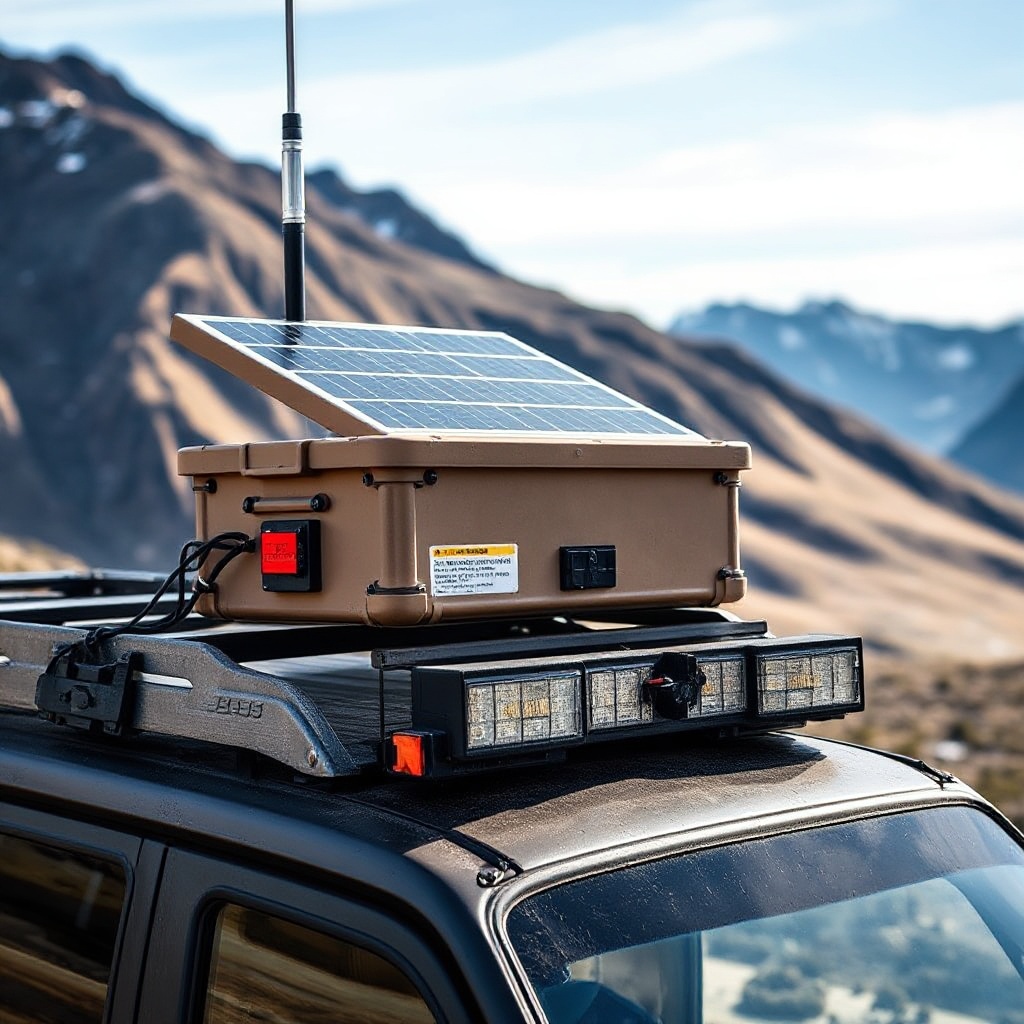 A close-up view of the SpecFive Voyager device mounted on the roof of an emergency response vehicle in a remote mountainous area. The solar panel is clearly visible on top of the rugged weatherproof enclosure, with the antenna extending upward. The background shows a wilderness landscape with no visible infrastructure.