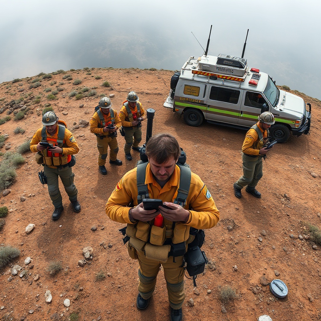 A wide-angle shot showing emergency responders using Meshtastic-enabled devices to communicate during a field operation. Multiple team members are spread across rough terrain with their handheld devices, while a command vehicle with the vehicle-mounted Voyager node is visible in the background. The image should convey the mesh network concept with team members at different distances from each other.