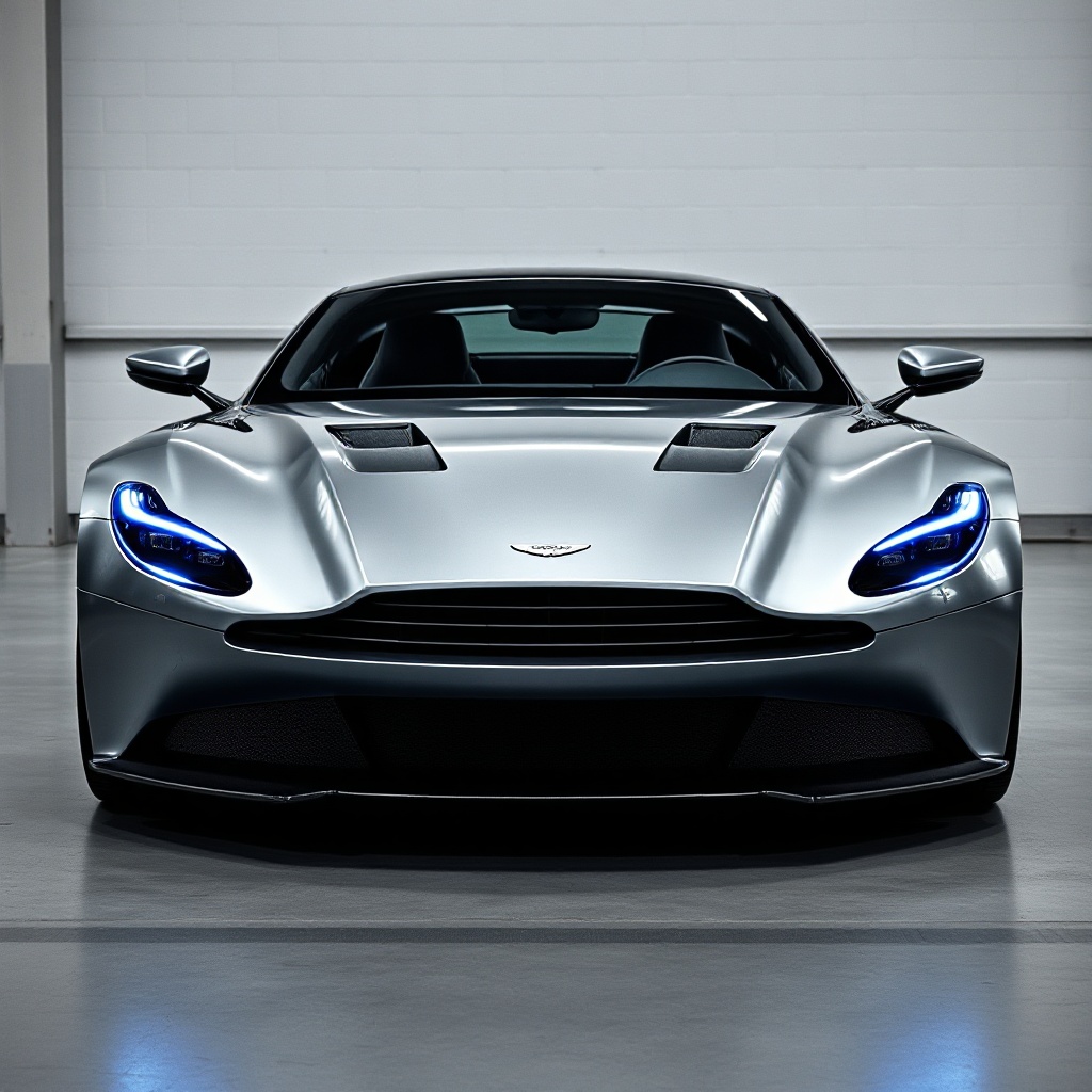 A sleek Aston Martin Valhalla hybrid supercar in metallic silver photographed from a three-quarter front angle against a minimalist industrial background, with subtle blue accent lighting highlighting its aerodynamic features, representing the luxury market's pivot to hybrids before full electrification.