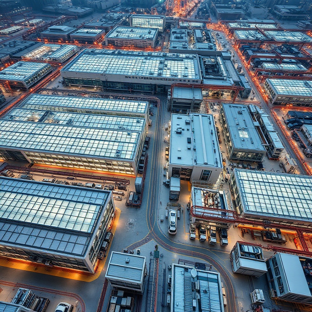 An aerial view of a massive BYD manufacturing complex in Shenzhen, China, showing integrated production facilities for batteries, semiconductors, and electric vehicles all in one sprawling industrial campus with assembly lines visible through glass roofs and logistics operations connecting different buildings.