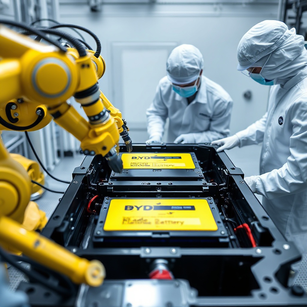 A close-up photograph of BYD's distinctive yellow 'Blade Battery' cell being installed in an electric vehicle battery pack, with technicians in clean room attire supervising robotic arms that precisely position the cells in the battery housing.