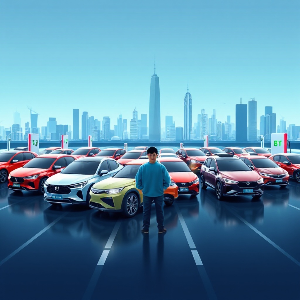 A dynamic visualization of the global electric vehicle market showing Chinese manufacturers (prominently featuring BYD vehicles in various models and colors) dominating the foreground while Western brands appear smaller in the background, set against a backdrop of a modern city skyline with charging infrastructure.