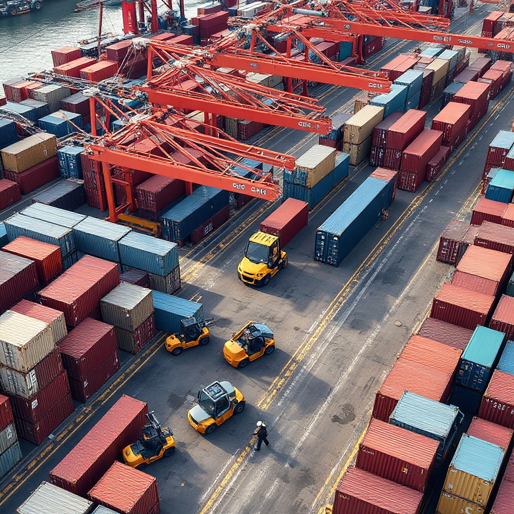 A high-angle view of a busy container terminal or port facility with various vehicles in operation - including straddle carriers, RTGs, and forklifts moving among stacked shipping containers. The image should convey the scale and complexity of modern logistics operations with multiple vehicle types visible simultaneously.