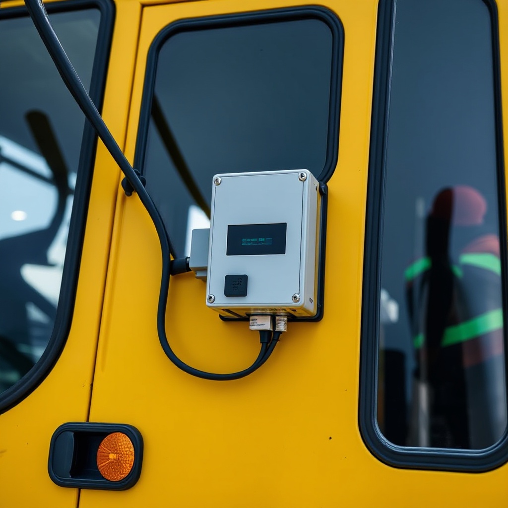 A close-up of an industrial vehicle (like a straddle carrier or RTG crane) with a visible IoT gateway or monitoring device installed. The image should show the actual hardware integration with the vehicle, highlighting the non-intrusive nature of the monitoring technology while the vehicle is in active operation.