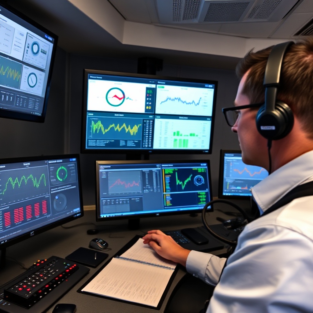 A fleet manager or operations supervisor viewing real-time vehicle data on multiple screens in a control room setting. The displays should show dashboards with vehicle health metrics, location data, and maintenance alerts, conveying the centralized monitoring capabilities and data visualization aspects of modern fleet management.