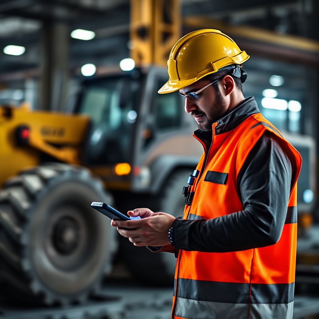 A construction worker on a busy job site wearing a high-visibility smart vest with embedded sensors and a connected safety helmet. The worker is looking at a smartphone displaying real-time safety alerts while heavy machinery operates in the background. The lighting should suggest an industrial environment with a focus on the technology's integration with traditional safety equipment.