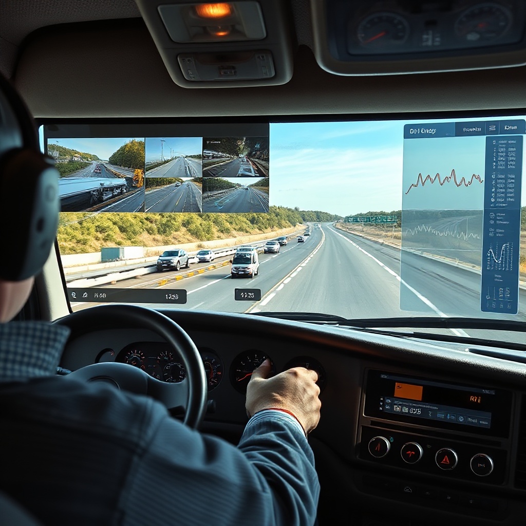 A close-up view of a truck driver's dashboard showing an AI camera system with multiple camera feeds visible on a display. The system is highlighting potential hazards on the road ahead with digital overlays, while driver biometric data appears in a sidebar. The image should convey the integration of technology with transportation safety in a realistic driving scenario.