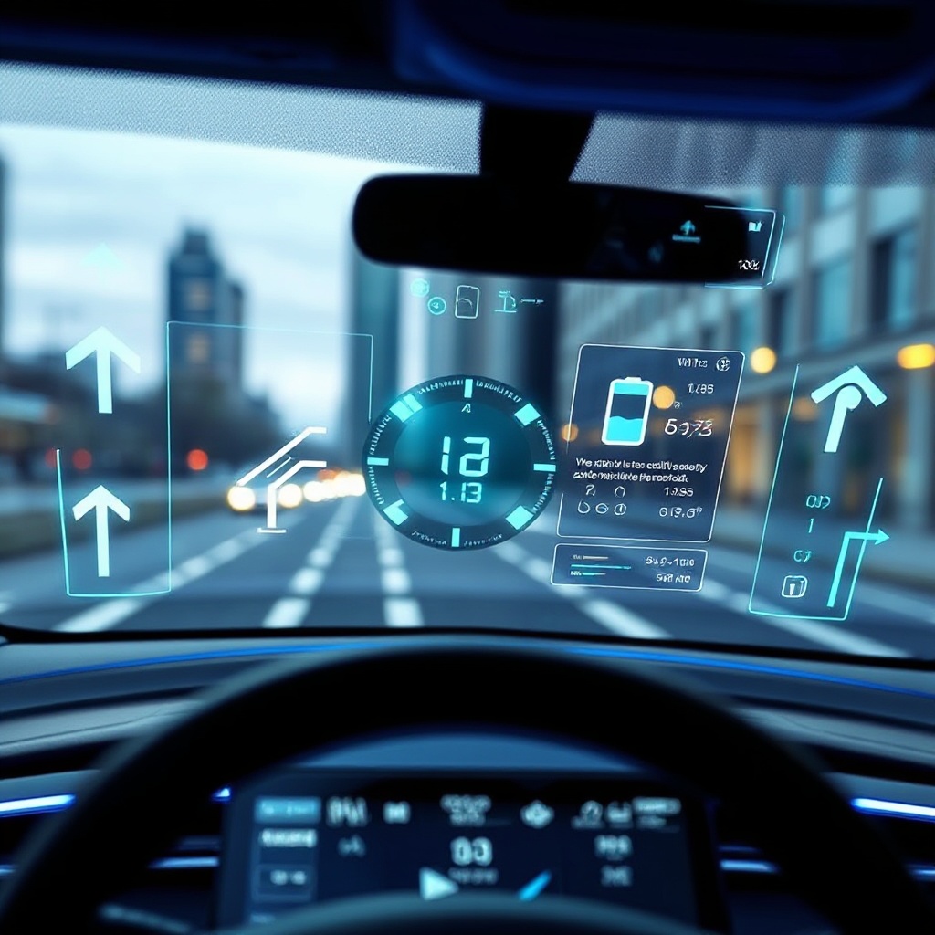 A close-up of a modern electric vehicle windshield featuring integrated augmented reality display technology. The windshield shows holographic navigation arrows, speed indicators, and battery status information projected onto the glass surface, with a blurred cityscape visible through the glass. The smart glass has a slight blue tint around the edges, demonstrating variable opacity technology.
