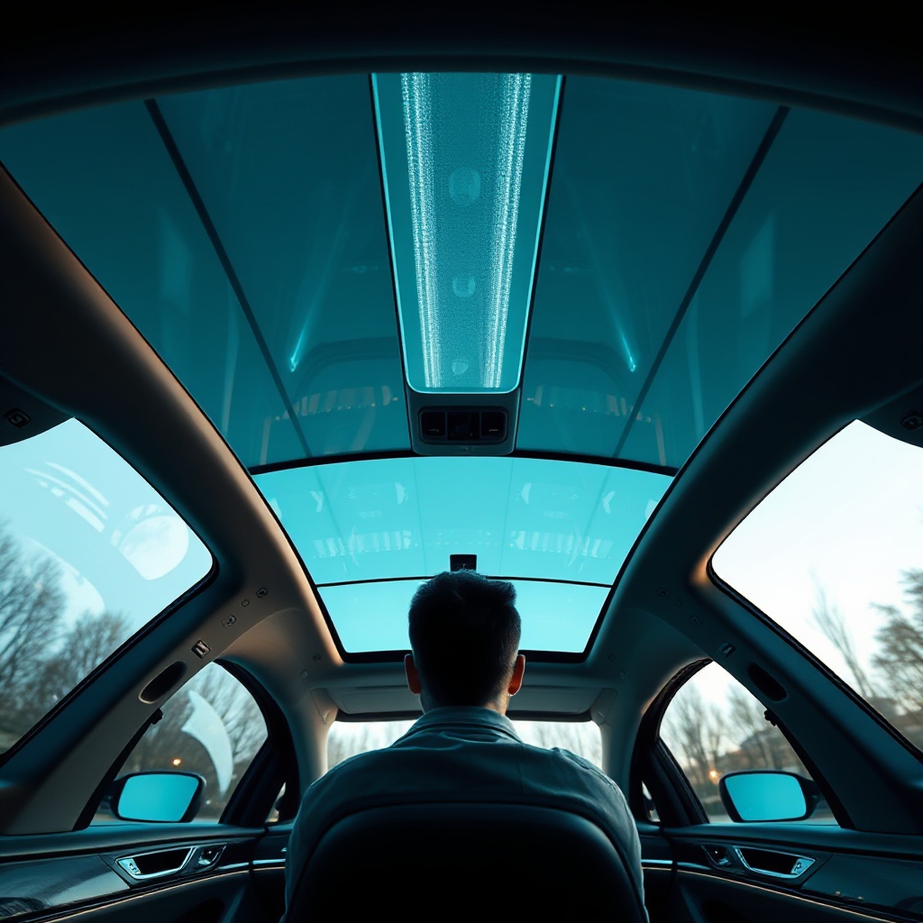 A panoramic view of an autonomous vehicle's glass roof and windows from the interior perspective. The roof glass transitions from clear to tinted sections showing electrochromic technology in action. Inside the luxurious cabin, ambient lighting highlights the expansive glass surfaces, while multiple embedded sensors are subtly visible within the glass structure. The overall effect showcases how modern automotive glass creates a spacious, connected driving environment.